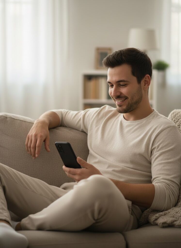 Mann nutzt die palcheck App auf dem Sofa