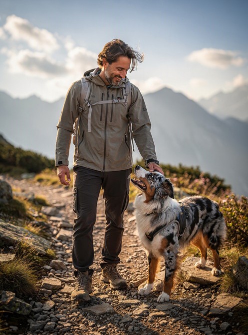 Mann wandert mit seinem Hund auf einem Bergpfad