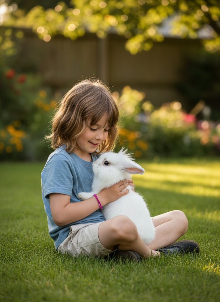 Kind sitzt mit einem weißen Kaninchen im Gras