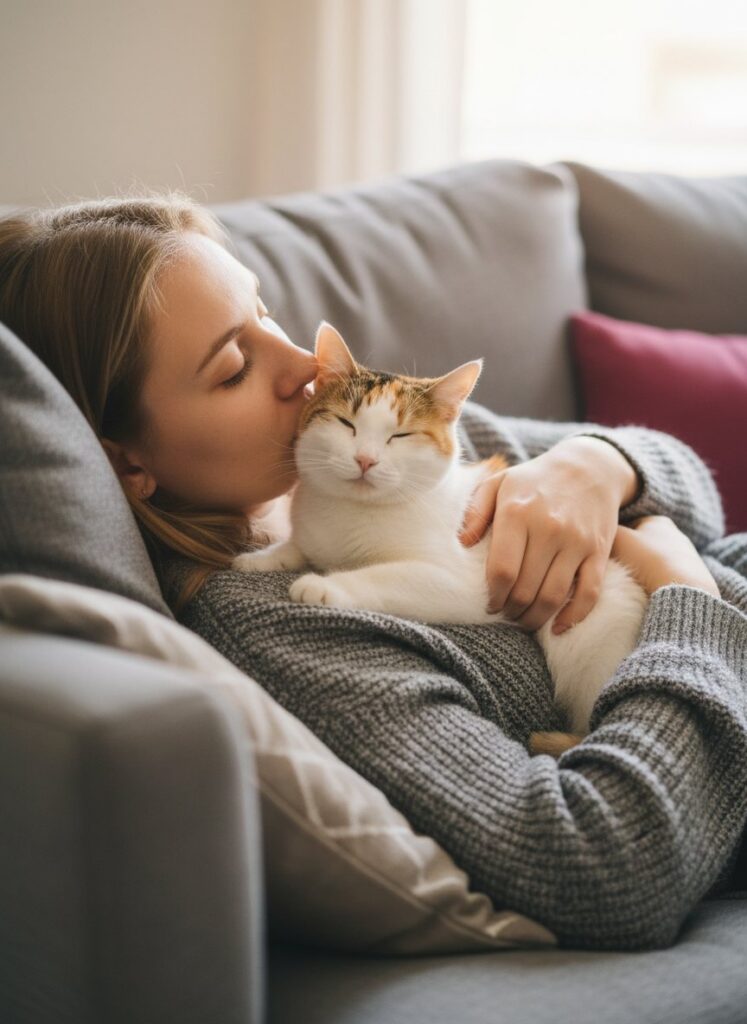 Frau kuschelt mit ihrer Katze auf dem Sofa