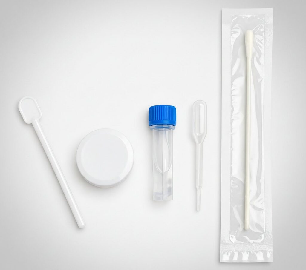 Bestandteile des Multi-Sets: Spatel, Dose, Pufferlösung, Pipette und Abstrichstäbchen