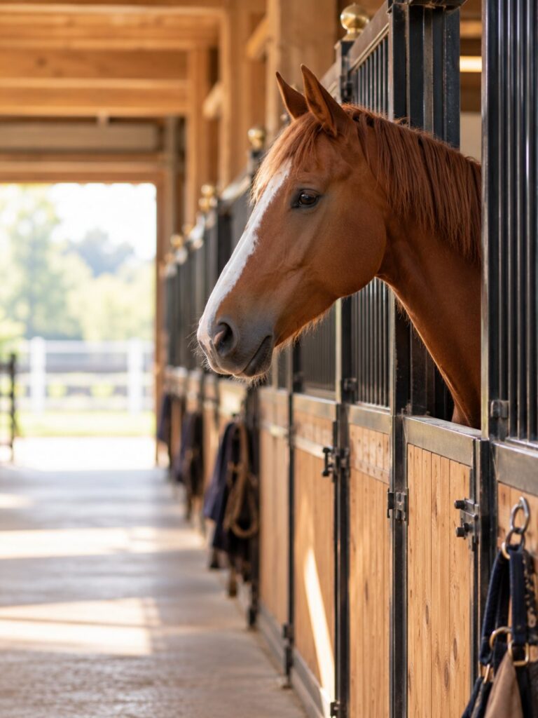 Pferd schaut aus seiner Box in die Stallgasse