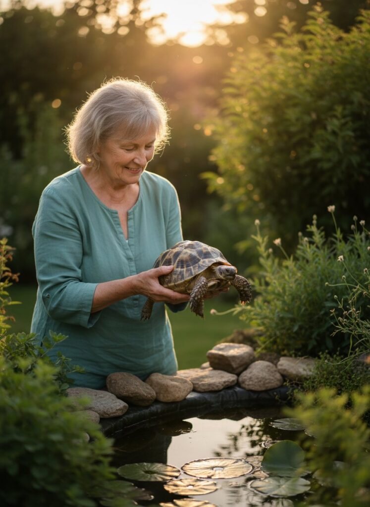 Frau hält eine Landschildkröte am Gartenteich