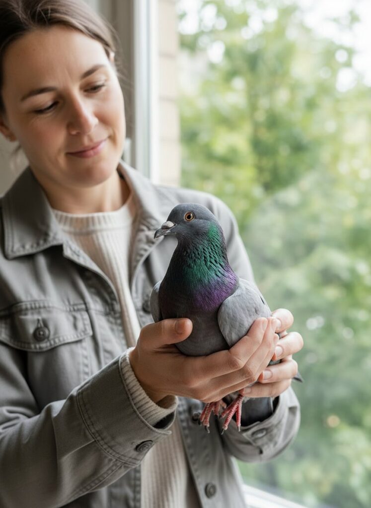 Frau hält eine Taube behutsam in beiden Händen